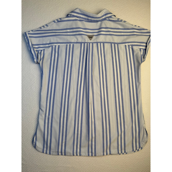 Women's Columbia PFG M White Blue Striped Short Sleeve Button Down Shirt - Picture 4 of 9